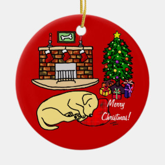 黄色いラブラドールの睡眠のクリスマスの漫画 セラミックオーナメント