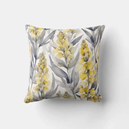 黄色いルパンの花と灰色の水色のフローラ クッション (裏面)