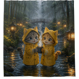 黄色いレインコートを着た雨の日の猫たち シャワーカーテン