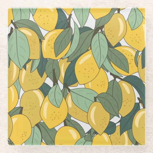 黄色いレモンのトロピカルパターン。 ガラスコースター (正面)