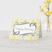 黄色いレモン及び青の花のハッピーバースデー カード (黄色い花)