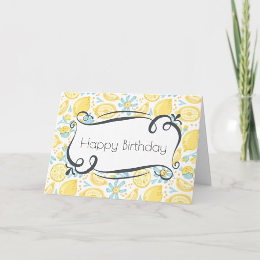 黄色いレモン及び青の花のハッピーバースデー カード (正面)