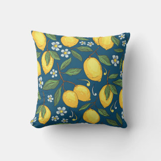 黄色いレモン：トロピカルフルーツパターン。 クッション