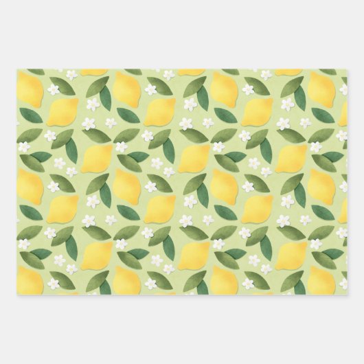 黄色いレモン、緑の離れ花と白い花で包む ラッピングペーパーシート (正面2)