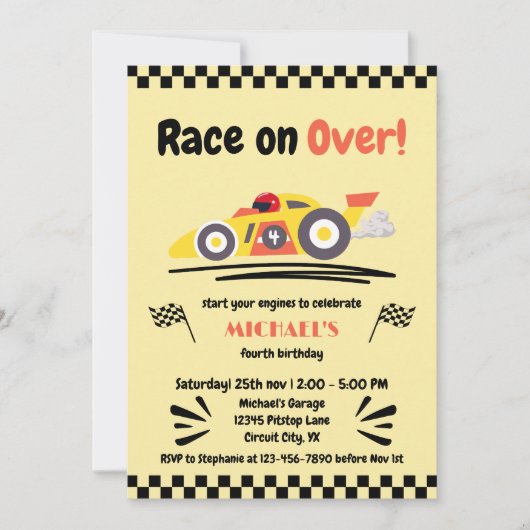 黄色いレースカーで行われる年齢誕生日レース 招待状 (正面)