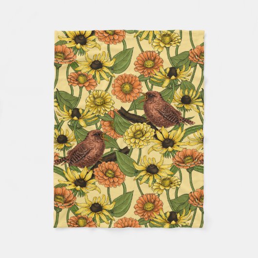 黄色いワニと花淡い色の色 フリースブランケット (正面)