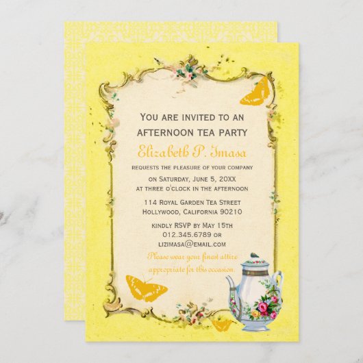 黄色いヴィンテージのフランスのなお茶会 招待状 (正面/裏面)