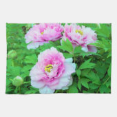 黄色い中心の優雅なピンクの庭牡丹の花 キッチンタオル (横)