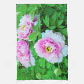 黄色い中心の優雅なピンクの庭牡丹の花 キッチンタオル (縦)