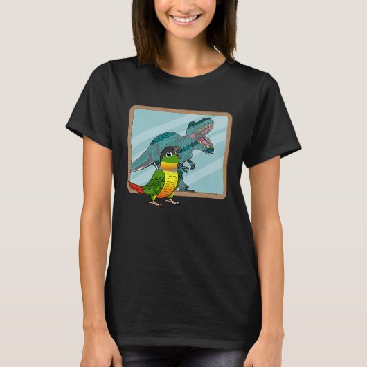 黄色い側面のグリーン チーク コニュア インコとレックスの反射 I Tシャツ (正面)