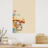 黄色い傘の青いオレンジ色のピンクの花を持つマウス ポスター (キッチン)
