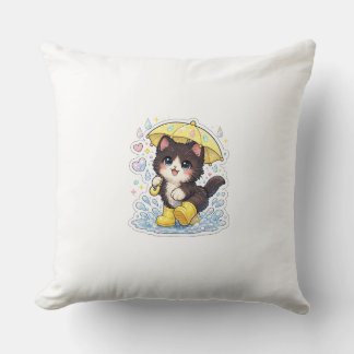 黄色い傘をさしたキュートな子猫の雨の日 クッション