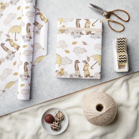 黄色い傘を着た愛らしいイタチ ラッピングペーパー (クラフト)