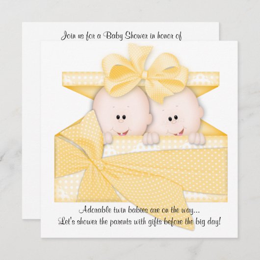 黄色い双子のベビーシャワー招待状発表 招待状 (正面/裏面)