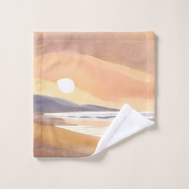 黄色い夕日の海岸 | 水彩絵の具のエアリーな絵画 ウォッシュタオル