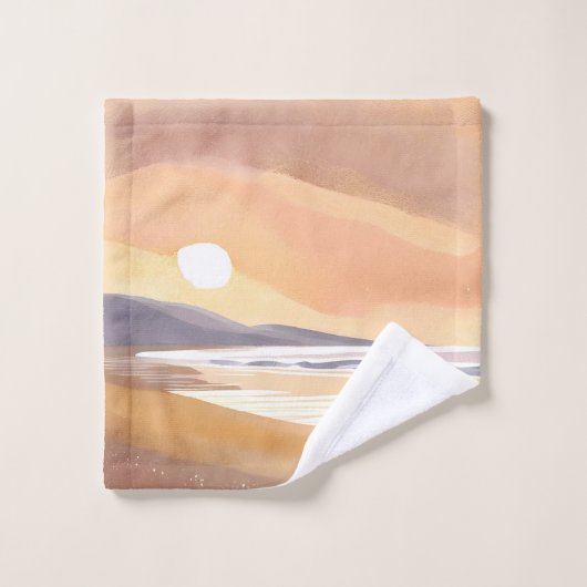 黄色い夕日の海岸 | 水彩絵の具のエアリーな絵画 ウォッシュタオル (ウォッシュタオル)