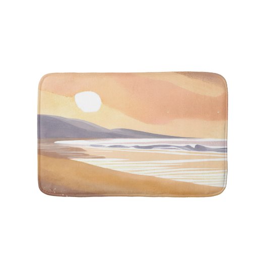 黄色い夕焼けの海岸 | 水彩絵の具で描いたエアリーな絵画 バスマット (正面)