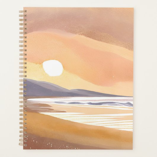 黄色い夕焼けの海岸 | 水彩絵の空気感のある絵画 プランナー手帳 (正面)
