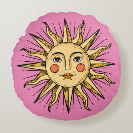 黄色い太陽と顔 ラウンドクッション