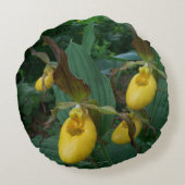 黄色い女性のスリッパ蘭の花のグループ ラウンドクッション (裏面)