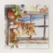 黄色い子猫と窓辺のフラワーボックスの水彩画 ジグソーパズル (横)