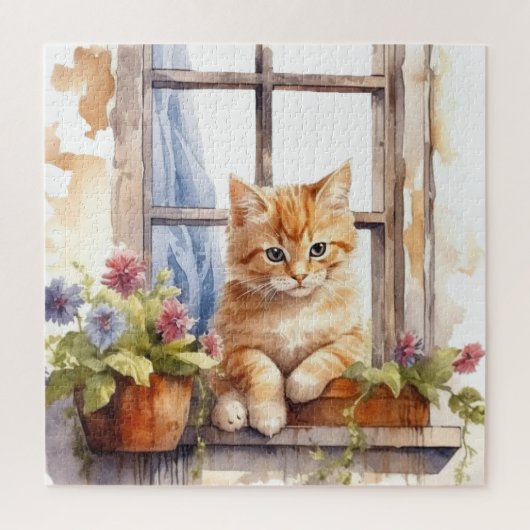 黄色い子猫と窓辺のフラワーボックスの水彩画 ジグソーパズル (縦)