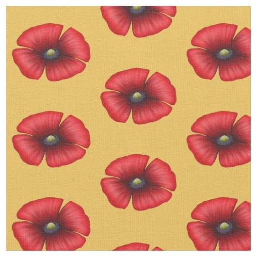 黄色い布に赤いポピーの花のパターン ファブリック (クローズアップ)