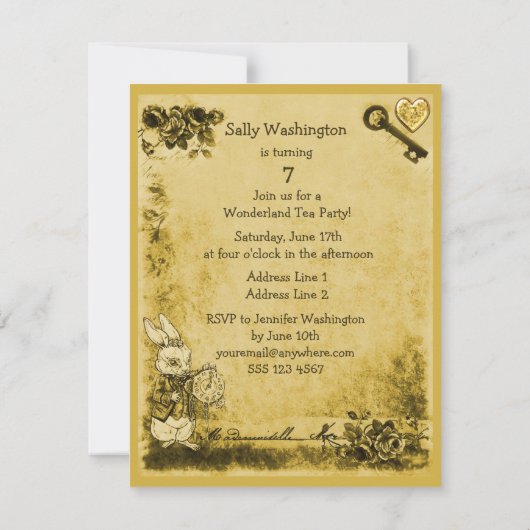 黄色い帽子屋の不思議の国の誕生日のお茶会 招待状 (裏面)