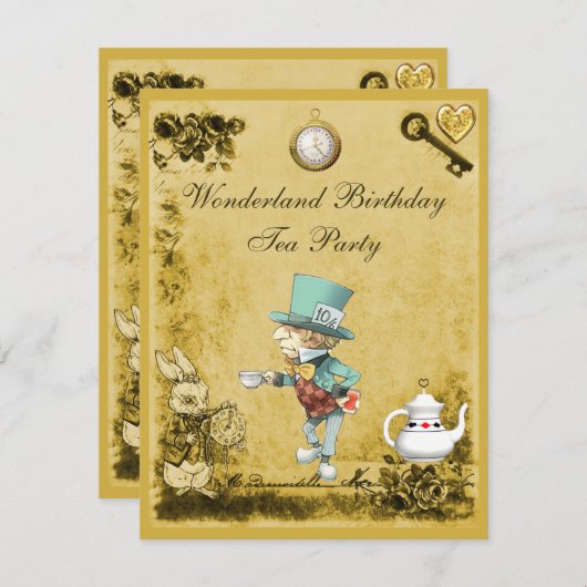 黄色い帽子屋の不思議の国の誕生日のお茶会 招待状 (正面/裏面)