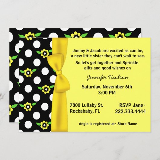 黄色い弓ベビーはシャワーの招待状を振りかけます 招待状 (正面/裏面)