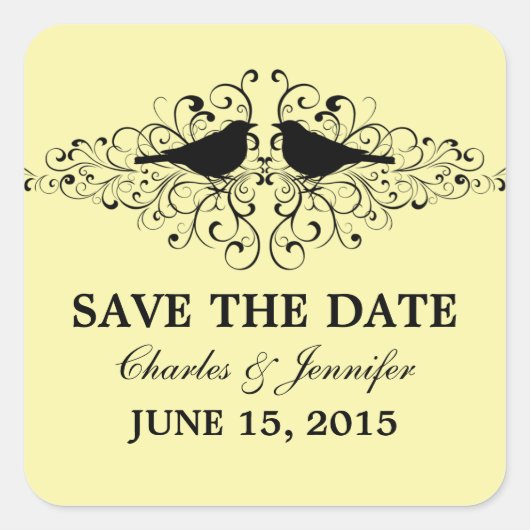 黄色い愛の鳥の渦巻き日付のシールを保存 スクエアシール (正面)