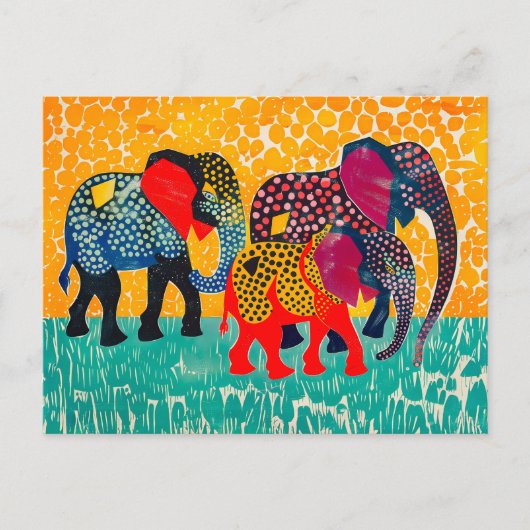 黄色い抽象芸術の3頭の象 シーズンポストカード (正面)