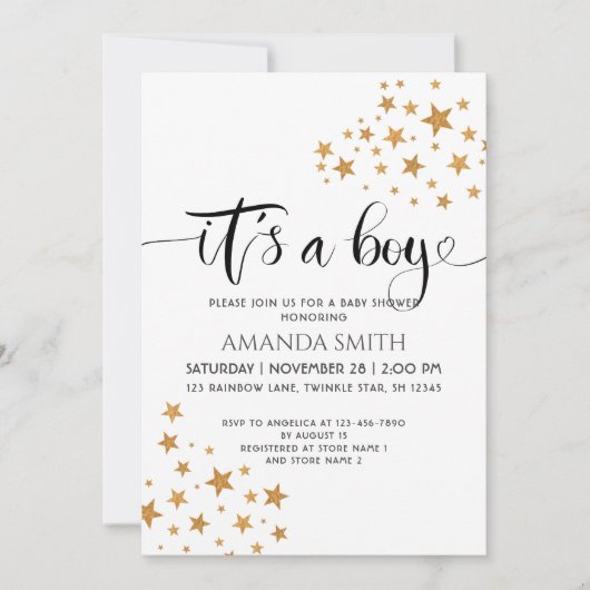 黄色い星と黒と白の赤ん坊シャワーの少年だ 招待状 (正面)