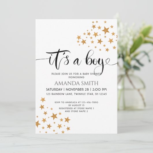 黄色い星と黒と白の赤ん坊シャワーの少年だ 招待状 (スタンド正面)