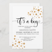 黄色い星と黒と白の赤ん坊シャワーの少年だ 招待状 (正面/裏面)