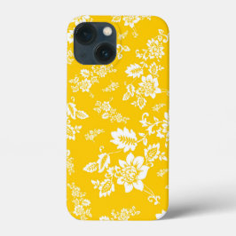 黄色い春の背景に白い花柄 iPhone 13 MINIケース