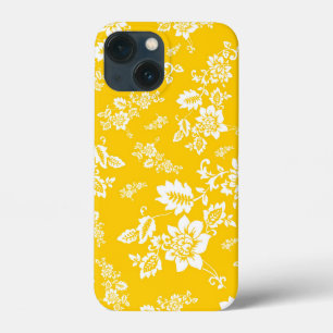 黄色い春の背景に白い花柄 iPhone 13 MINIケース
