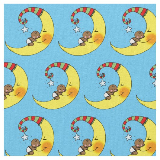黄色い月の子供部屋で眠っているかわいいベビー ファブリック (クローズアップ)