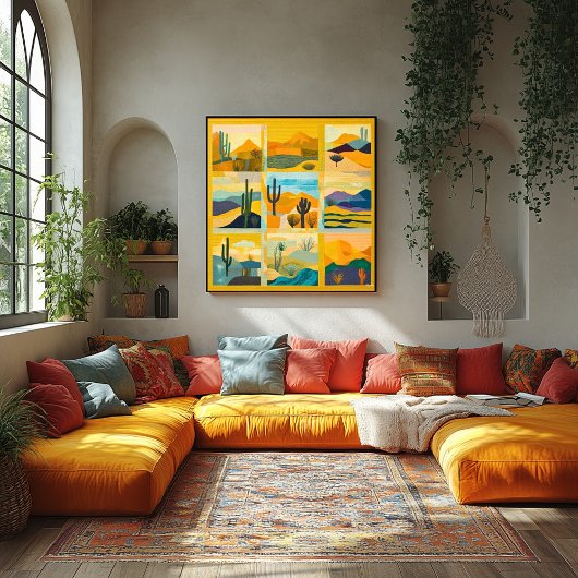 黄色い枠の砂漠アートグリッド – ジオメト鮮やかリ ポスター