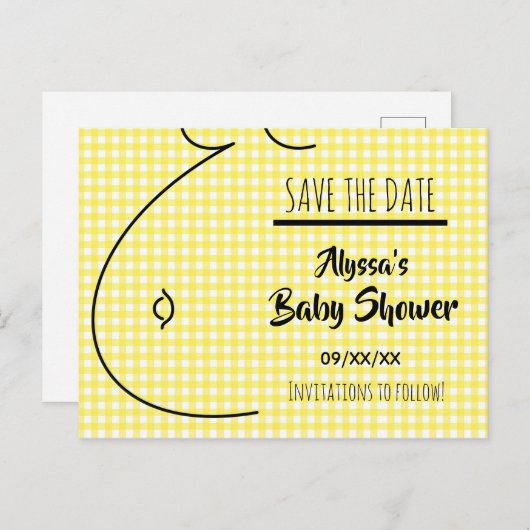 黄色い格子縞のベビーの隆起のベビーシャワーの保存日付 案内ポストカード (正面/裏面)