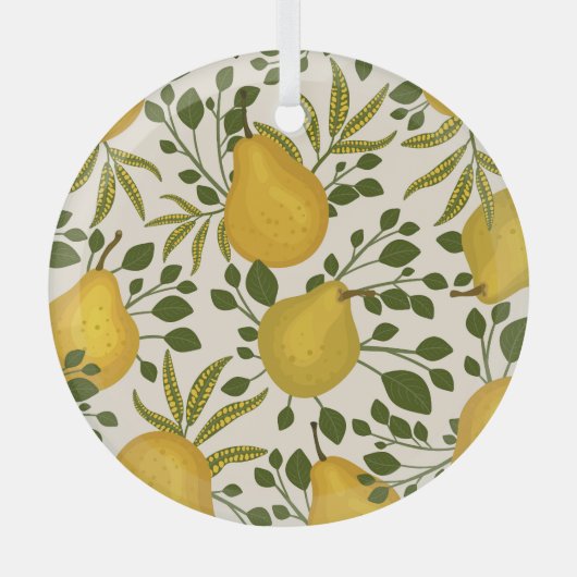 黄色い梨の葉白い背景 ガラスオーナメント (正面)