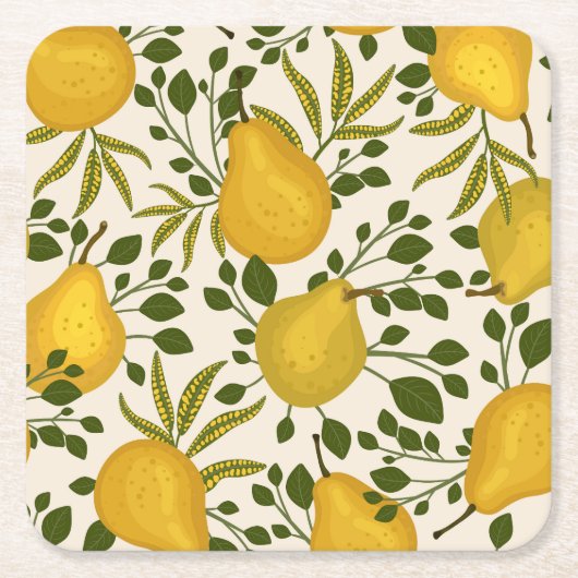 黄色い梨の葉白い背景 スクエアペーパーコースター (正面)