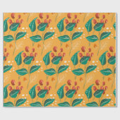 黄色い模様の赤いベリ葉ーと緑の ラッピングペーパー (フラット)