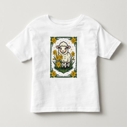 黄色い水仙に囲まれたかわいい赤ちゃん羊 トドラーTシャツ (正面)