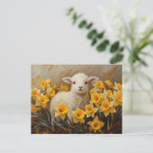 黄色い水仙のかわいい絵を描子羊 ポストカード (スタンド正面)