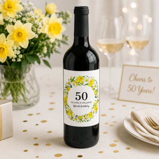 黄色い水仙のカスタム50歳の誕生日パーティー ワインラベル