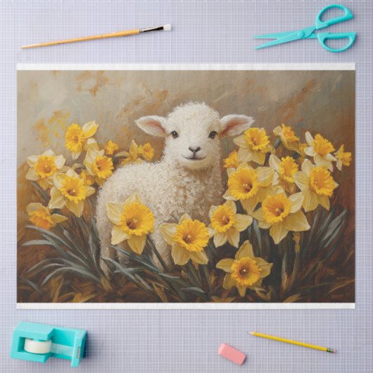 黄色い水仙の切り離し絵を描で可愛い子羊 薄葉紙 (クラフト)