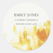 黄色い水彩風景樹状葉モノグラム ラウンドシール (正面)