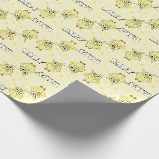 黄色い水玉模様のフクロウのベビーシャワーのテーマ ラッピングペーパー (角)