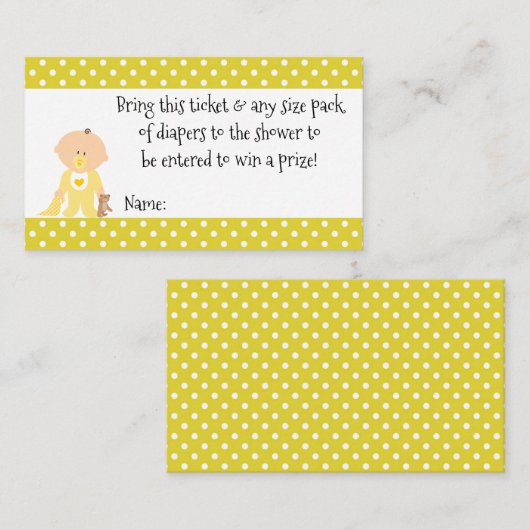 黄色い水玉模様のベビーシャワーのおむつのラッフルのチケット 名刺 (正面/裏面)